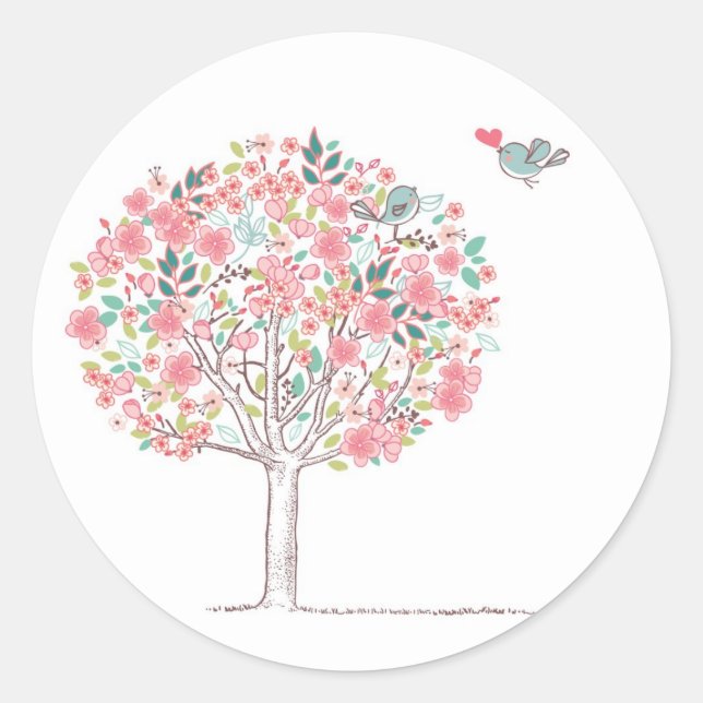 Blooming Tree and Birds in Love Classic Round Sticker (Front)