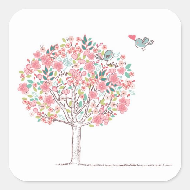 Blooming Tree and Birds in Love Square Sticker (Front)