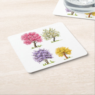 Blooming trees, imaginary colors. square paper coaster
