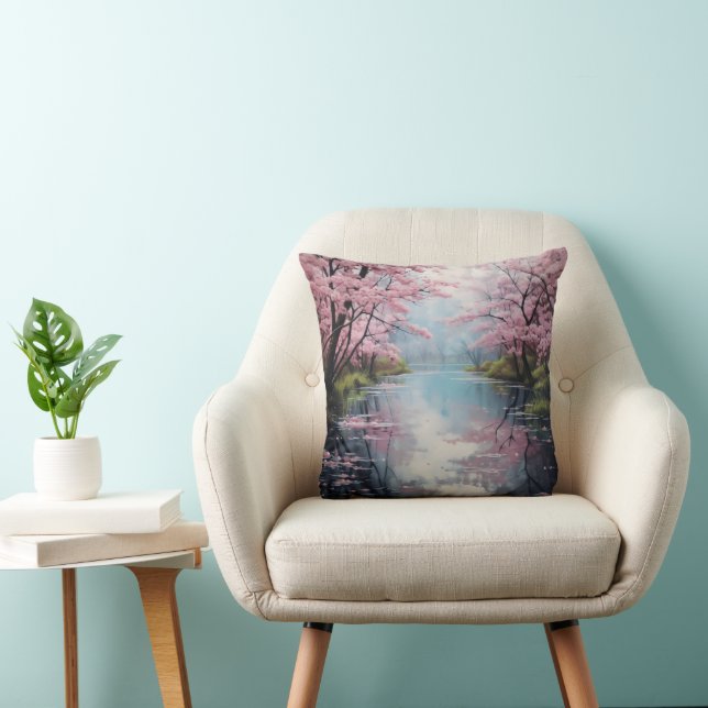 Blooming Trees Spring River Throw Pillow (Chair)