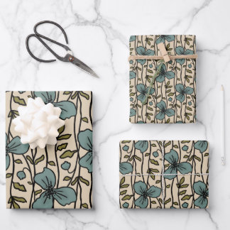 Blooming Vertical Garden Delight Teal Blue Flowers Wrapping Paper Sheets