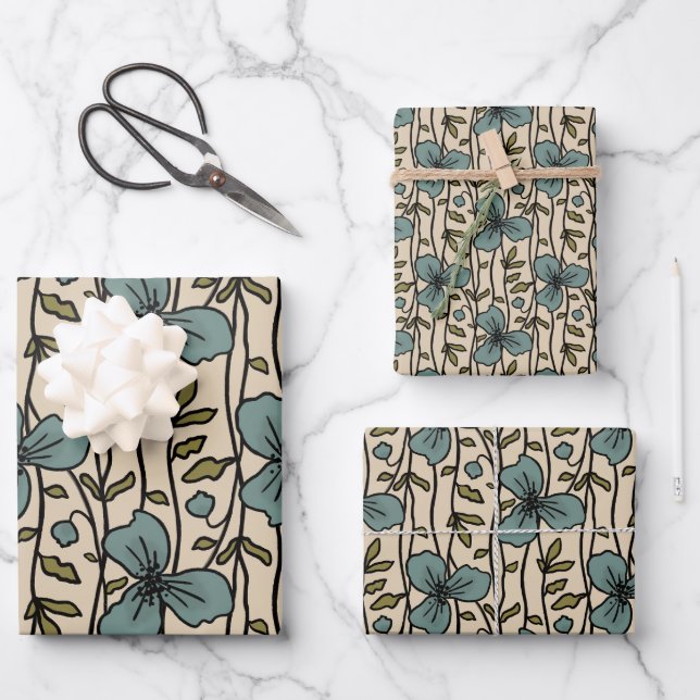 Blooming Vertical Garden Delight Teal Blue Flowers Wrapping Paper Sheets (Front)