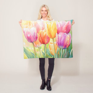 Blooming Watercolor Spring Tulip Garden Fleece Blanket