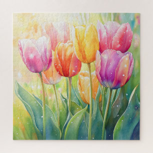 Blooming Watercolor Spring Tulip Garden Jigsaw Puzzle