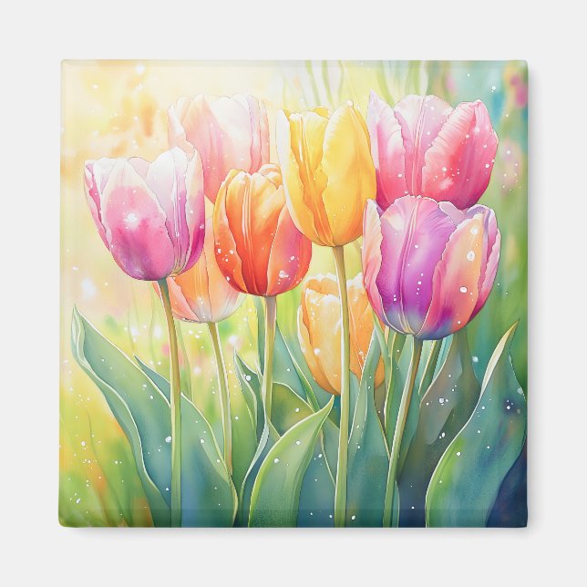 Blooming Watercolor Spring Tulip Garden Magnet (Front)
