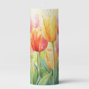 Blooming Watercolor Spring Tulip Garden Pillar Candle