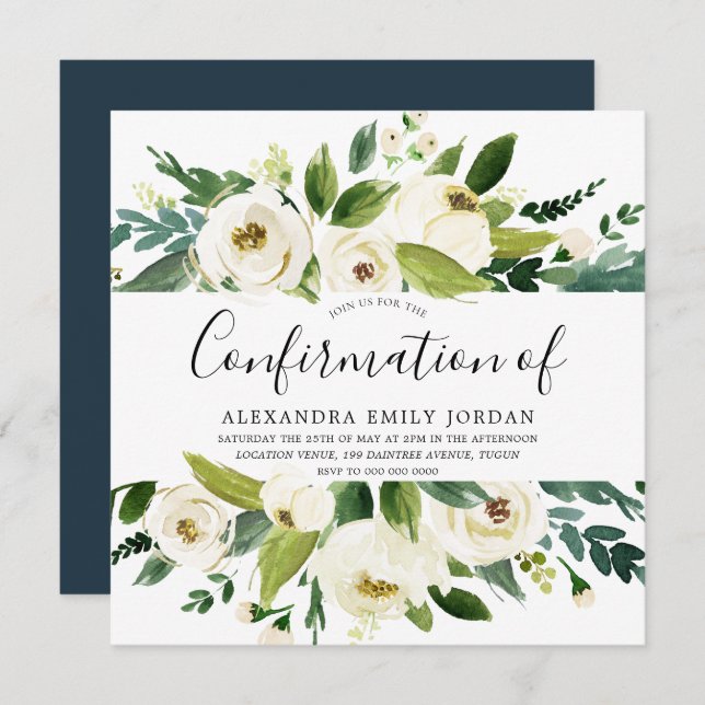 Blooming White Flowers Green Leaf Confirmation Invitation (Front/Back)