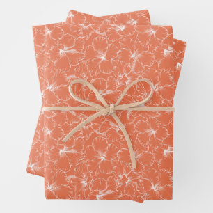 Blooming White Hibiscus Flowers on Peach Wrapping Paper Sheets