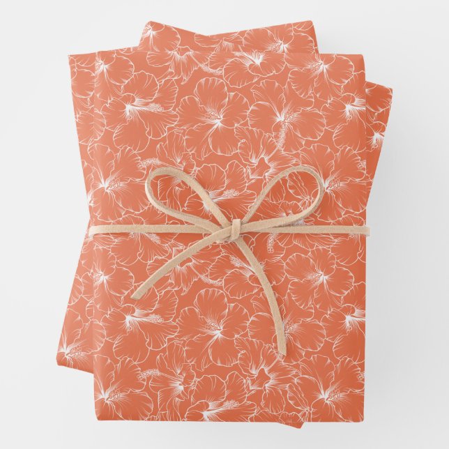 Blooming White Hibiscus Flowers on Peach Wrapping Paper Sheets (In situ)