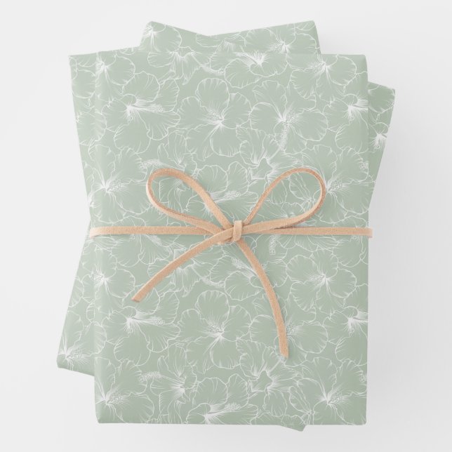 Blooming White Hibiscus Flowers on Sage Wrapping Paper Sheets (In situ)