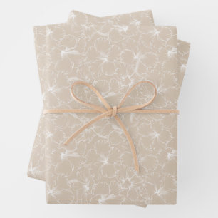 Blooming White Hibiscus Flowers on Taupe Wrapping Paper Sheets