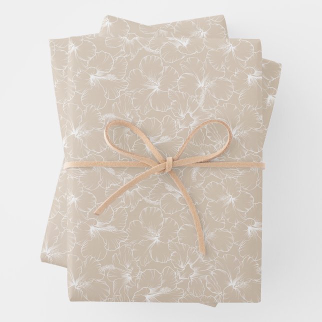 Blooming White Hibiscus Flowers on Taupe Wrapping Paper Sheets (In situ)