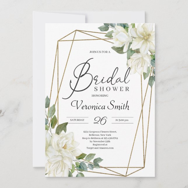 Blooming white magnolia floral gold frame bridal invitation (Front)