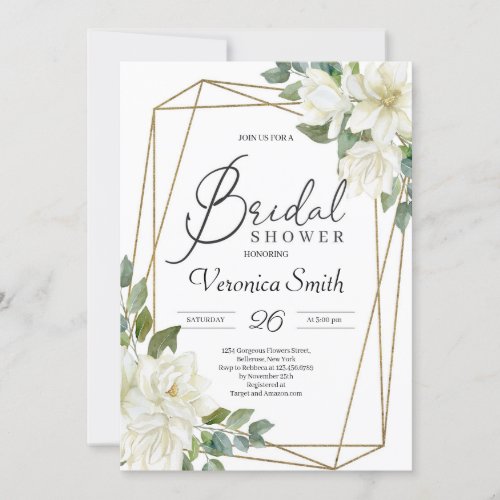 Blooming white magnolia floral gold frame bridal invitation