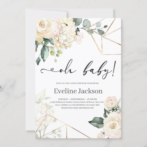 Blooming White Roses Elegant Baby Shower Invite