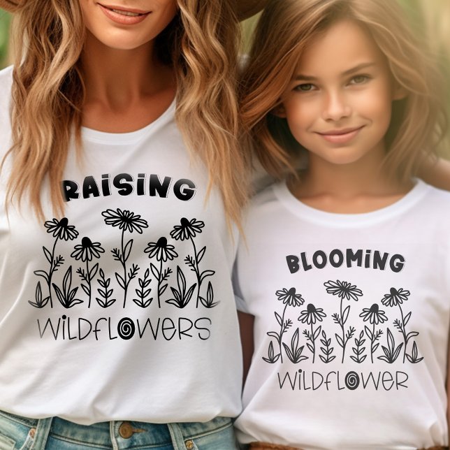 Blooming Wildflower Black White Matching Mommy Me T-Shirt (Mommy and Me tees with black and white wildflower design .. mom and kid shirts sold separately)