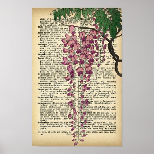 Blooming wisteria  vintage dictionary print