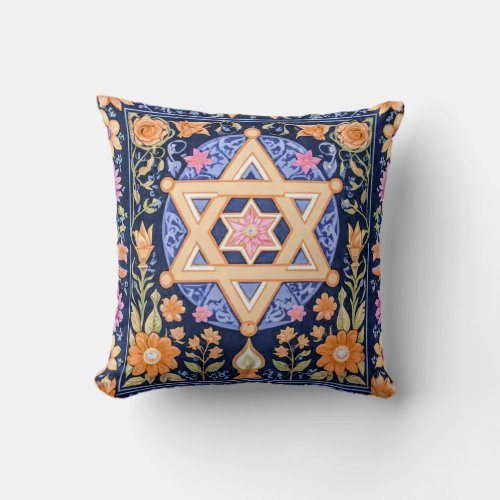 Blooming with Faith A Vibrant Star of David Throw Pillow