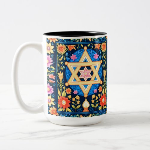 Blooming with Faith A Vibrant Star of David  Two_Tone Coffee Mug