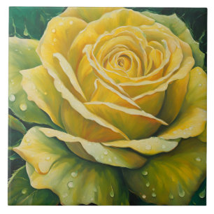 Blooming Yellow Rose with Water Drops Ceramic Tile