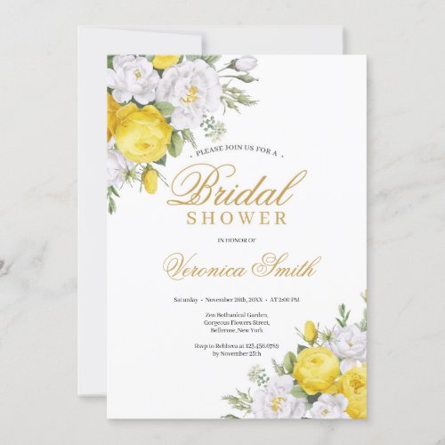 Blooming yellow white roses peony bridal shower invitation