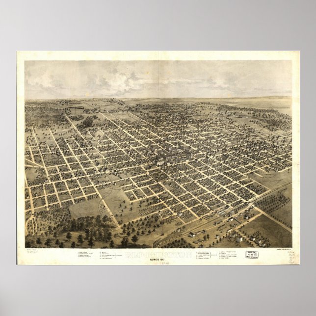 Bloomington Illinois 1867 Antique Panoramic Map Poster (Front)