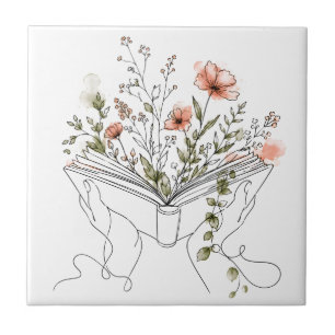 Blooms Book Botanical Line Art Ceramic Tile