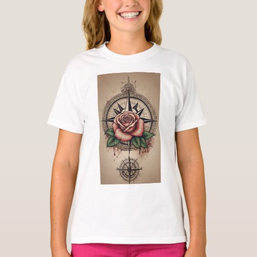 Blooms of Bliss Tattoo_Style Rose Compass T_Shirt