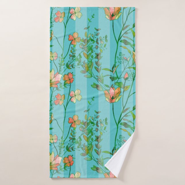 Blooms on Aqua Blue Striped Background Bath Towel (Bath Towel)