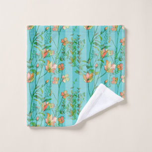 Blooms on Aqua Blue Striped Background Wash Cloth