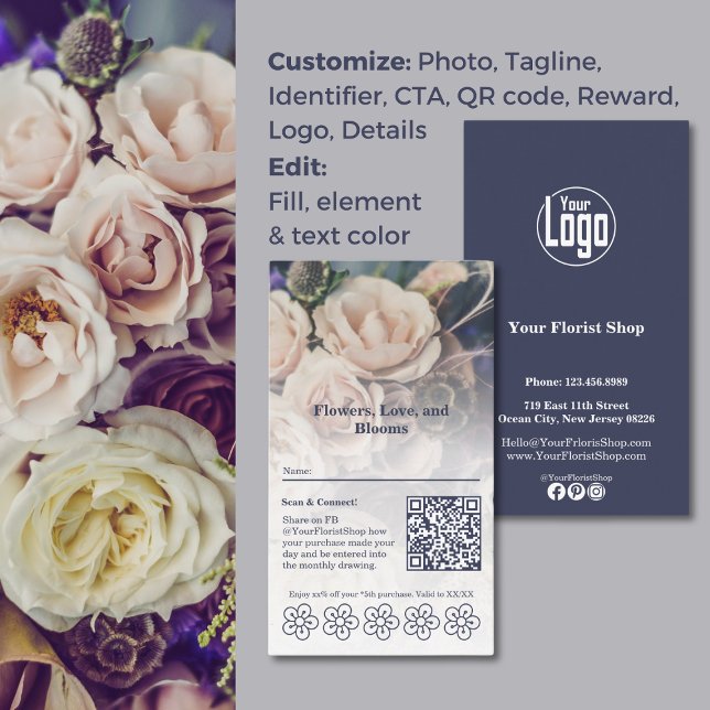 Blooms & Rewards Customizable Florist Loyalty Card (Blooms & Rewards Customizable Florist Loyalty Card, QR code, Custom Logo, Color customizable
)