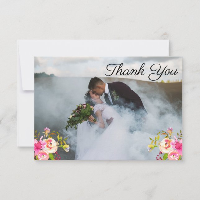 Blooms Watercolor 3 Photo Wedding Thank You Card (Front)