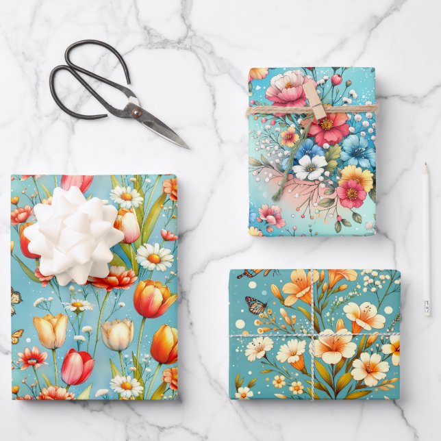 Bloomscape Blue 3 Wrapping Paper Sheets (Front)