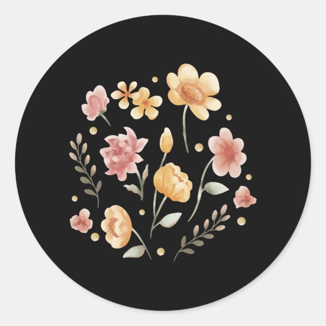 Bloomy flowers and leaves watercolor classic round sticker (Front)