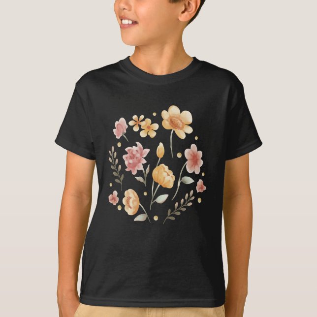 Bloomy flowers and leaves watercolor T-Shirt (Front)