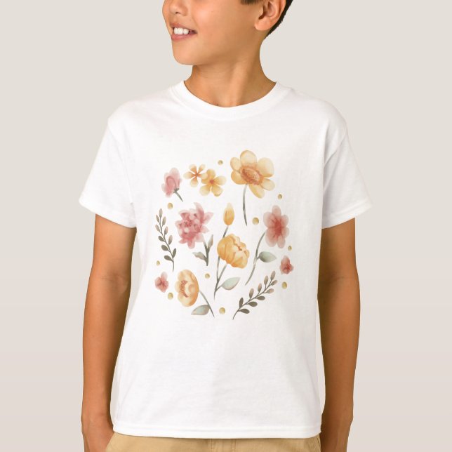 Bloomy flowers and leaves watercolor T-Shirt (Front)