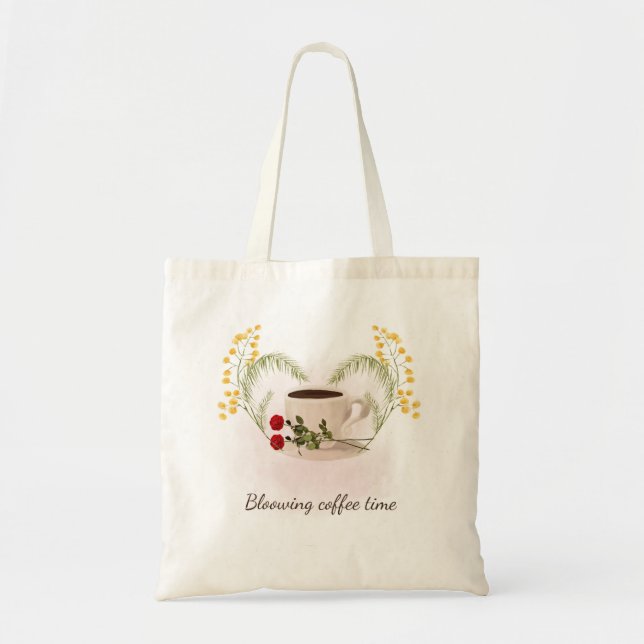 Bloowing Coffee Time Floral Aesthetic Tote Bag (Front)