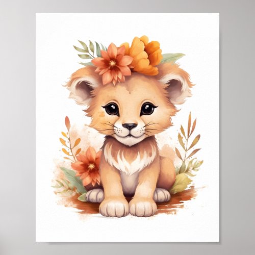 Blossom Adorned Lion Cub Nursery Poster