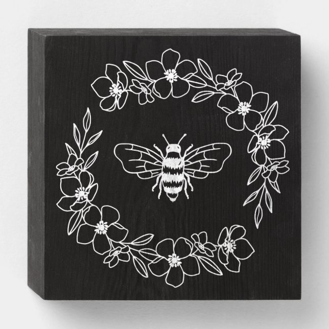 Blossom Bee Wreath in White Wooden Box Sign (Front Horizontal)