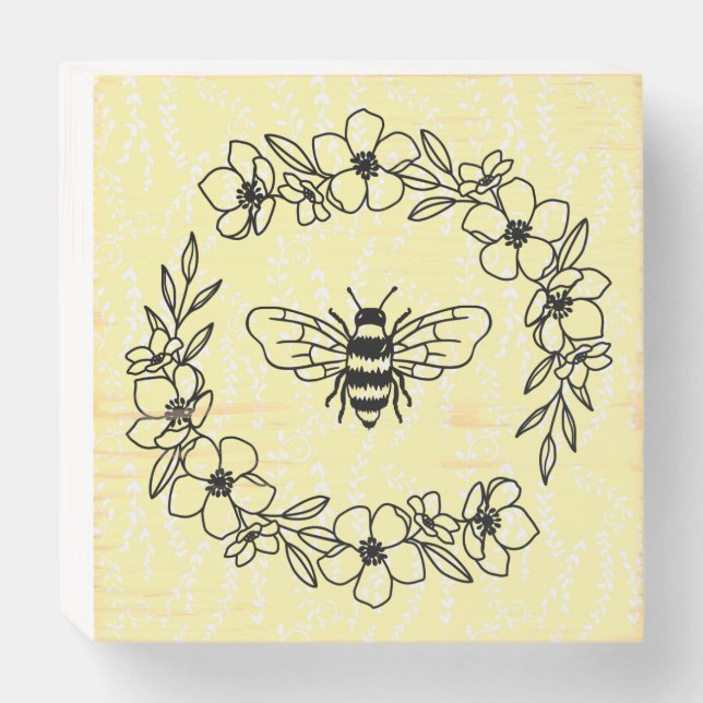 Blossom Bee Wreath Yellow Floral Wooden Box Sign (Front Horizontal)