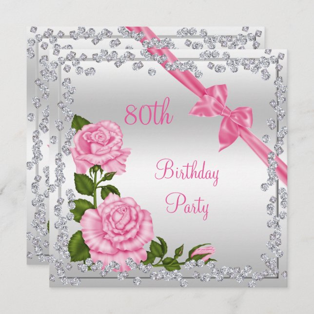 Blossom Bows & Diamonds 80th Birthday Double Sided Invitation (Front/Back)