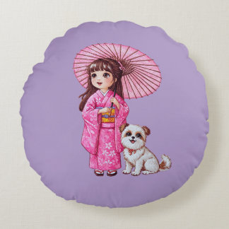 Blossom Companions: Kimono Girl & Puppy Round Pill Pillow