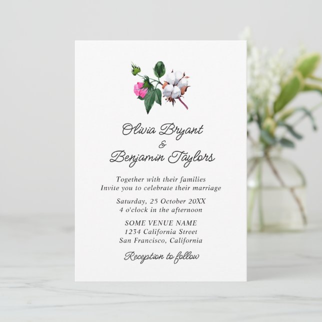 Blossom cotton flower. Rustic elegant Wedding Invitation (Standing Front)