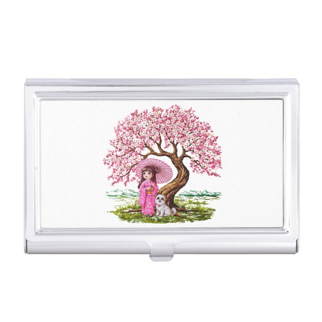 Blossom Dreams: Kimono Girl & Puppy Business Card Case (Front)