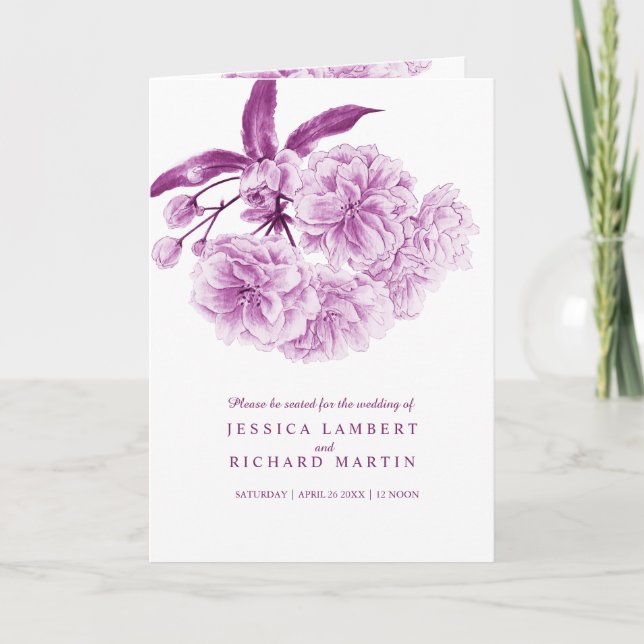 Blossom dusky purple floral watercolor wedding program (Front)