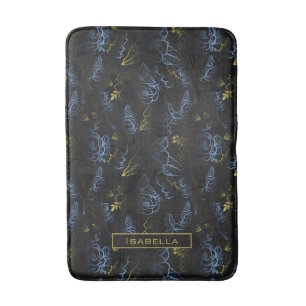 Blossom floral pattern gold blue personalized name bath mat