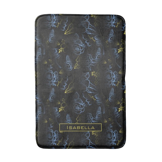 Blossom floral pattern gold blue personalized name bath mat (Front Vertical)