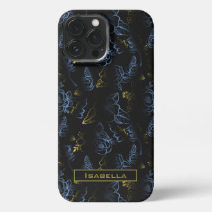 Blossom floral pattern gold blue personalized name iPhone 13 pro max case