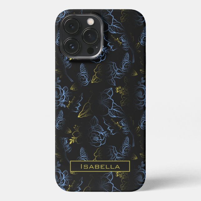 Blossom floral pattern gold blue personalized name iPhone case (Back)