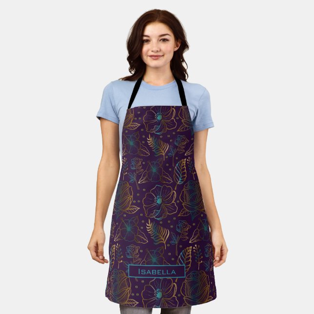 Blossom floral pattern purple personalized name  apron (Worn)